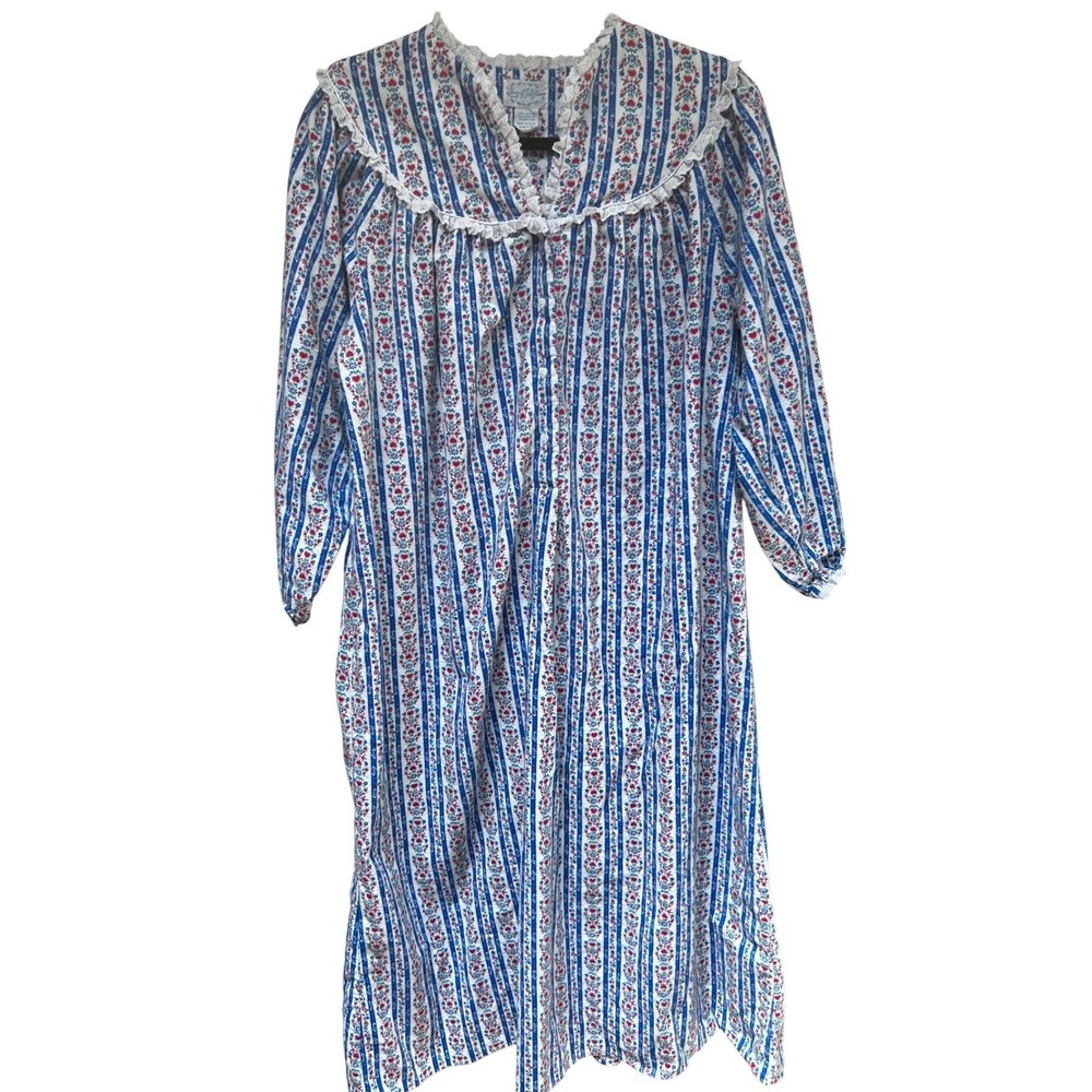 Lanz of Salzburg Womens Cotton Flannel Nightgown Blue Red Floral Heart Stripe S - Picture 2 of 6